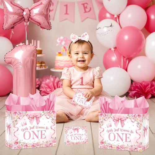 Innovoscape Pink Bow 1st Birthday Decorations for Baby Girls Just Wanna Be One Birthday Wrapping Paper Bag with Tissue Paper Greeting Card for Kids Bow Flowers 1 Year Old Bday Baby Shower Party Supplies - Image 3
