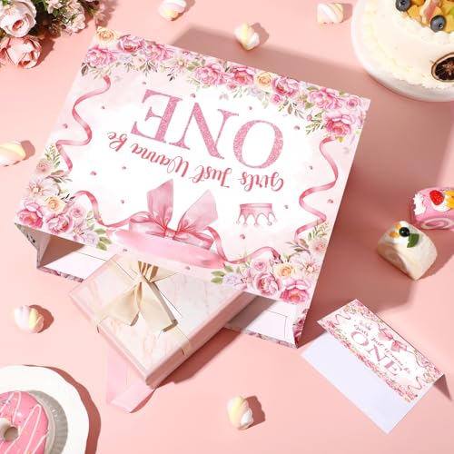 Innovoscape Pink Bow 1st Birthday Decorations for Baby Girls Just Wanna Be One Birthday Wrapping Paper Bag with Tissue Paper Greeting Card for Kids Bow Flowers 1 Year Old Bday Baby Shower Party Supplies - Image 2