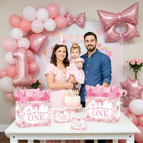 Innovoscape Pink Bow 1st Birthday Decorations for Baby Girls Just Wanna Be One Birthday Wrapping Paper Bag with Tissue Paper Greeting Card for Kids Bow Flowers 1 Year Old Bday Baby Shower Party Supplies - Image 4