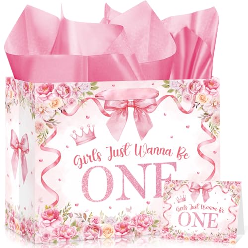 Innovoscape Pink Bow 1st Birthday Decorations for Baby Girls Just Wanna Be One Birthday Wrapping Paper Bag with Tissue Paper Greeting Card for Kids Bow Flowers 1 Year Old Bday Baby Shower Party Supplies - Image 1