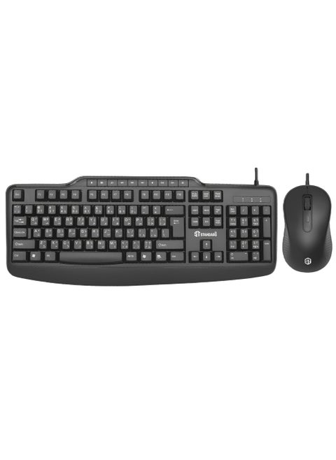 KC-6000 USB Wired Keyboard and Mouse Combo with Ergonomic Design, Laser Printing, and Media Keys, 1.5m Cable - Black