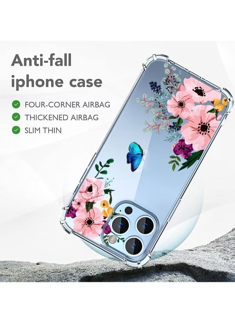 X-level - iPhone 14 Pro Max Case Transparent Mobile Phone Back Flowers Pattern Four Corner Shockproof Protective Camera Protection Funtion With 1 Screen Film Tempered Glass Cover Protector For Women Girl - Image 1