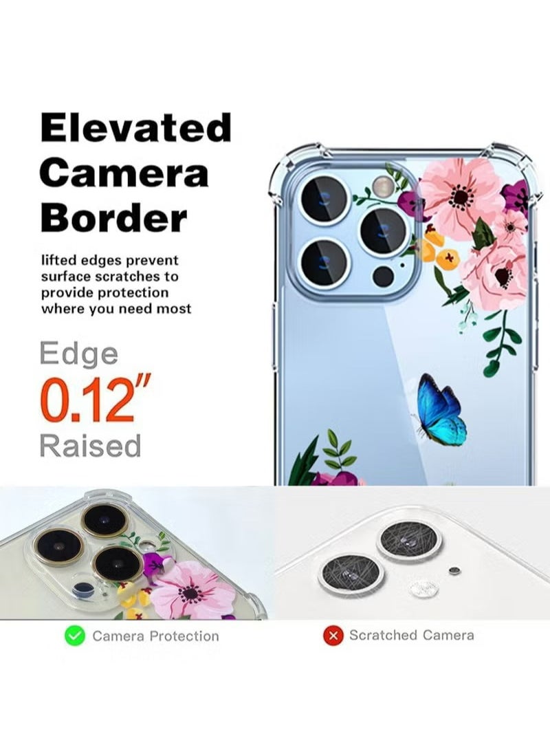 X-level - iPhone 14 Pro Max Case Transparent Mobile Phone Back Flowers Pattern Four Corner Shockproof Protective Camera Protection Funtion With 1 Screen Film Tempered Glass Cover Protector For Women Girl - Image 1