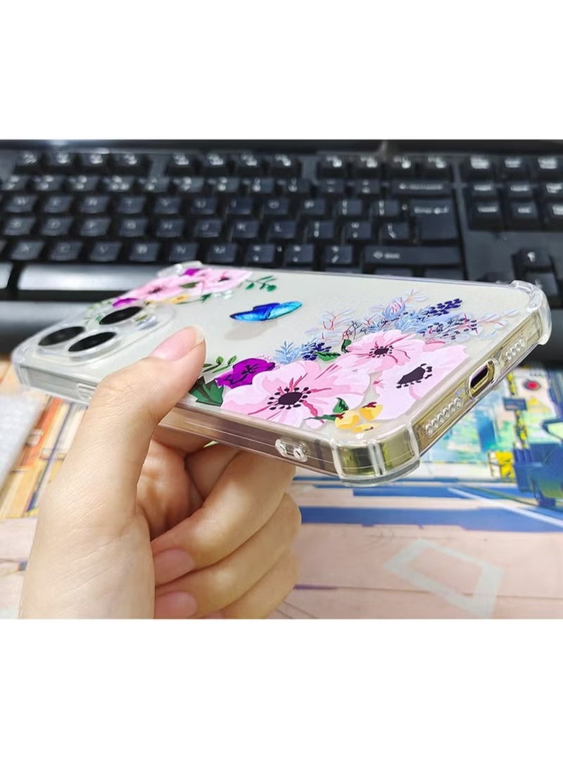 X-level - iPhone 14 Pro Max Case Transparent Mobile Phone Back Flowers Pattern Four Corner Shockproof Protective Camera Protection Funtion With 1 Screen Film Tempered Glass Cover Protector For Women Girl - Image 1