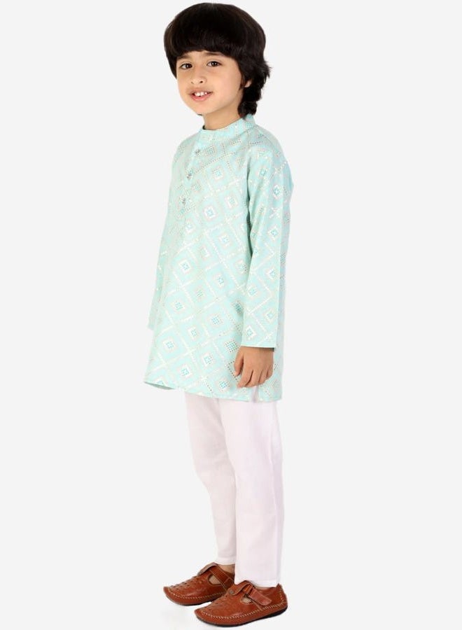 superminis Boys Cotton Golden Embroidered Printed Full Sleeves Kurta with Pyjama Ethnic Wear Set, Sky Blue, 3-6 M - Image 3