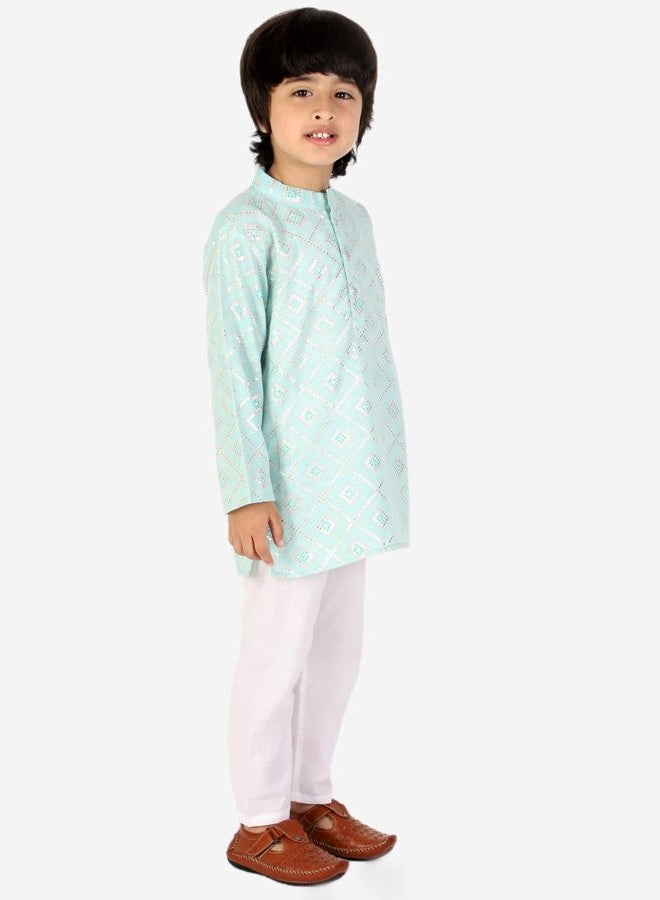 superminis Boys Cotton Golden Embroidered Printed Full Sleeves Kurta with Pyjama Ethnic Wear Set, Sky Blue, 3-6 M - Image 4