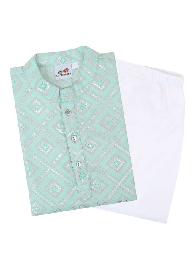 superminis Boys Cotton Golden Embroidered Printed Full Sleeves Kurta with Pyjama Ethnic Wear Set, Sky Blue, 3-6 M - Image 1