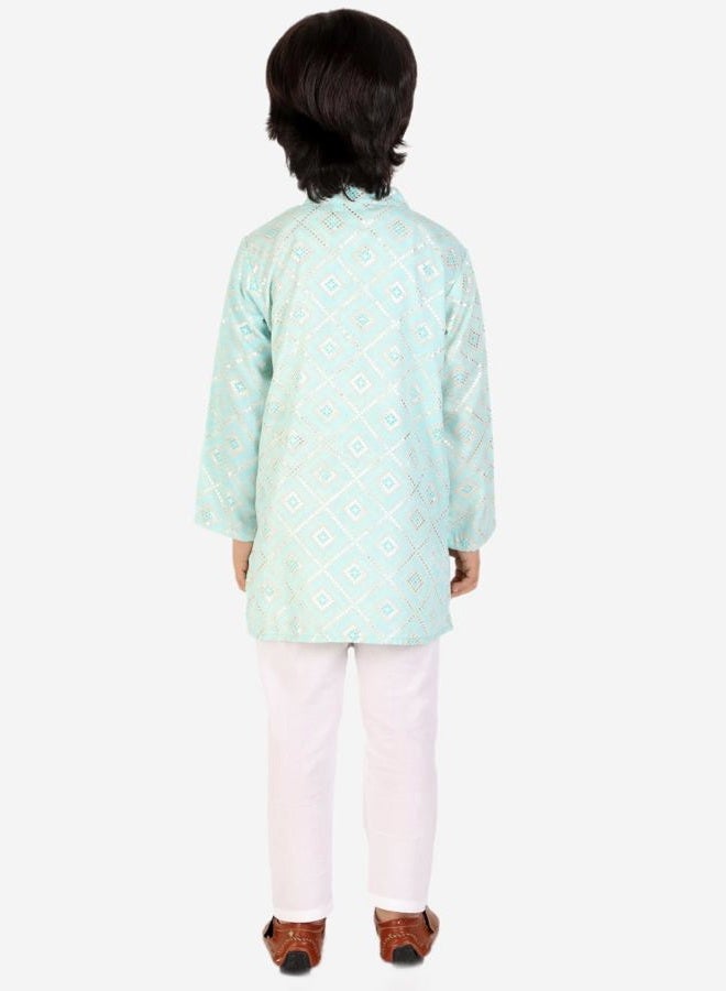 superminis Boys Cotton Golden Embroidered Printed Full Sleeves Kurta with Pyjama Ethnic Wear Set, Sky Blue, 3-6 M - Image 5