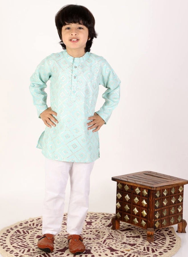 superminis Boys Cotton Golden Embroidered Printed Full Sleeves Kurta with Pyjama Ethnic Wear Set, Sky Blue, 3-6 M - Image 2