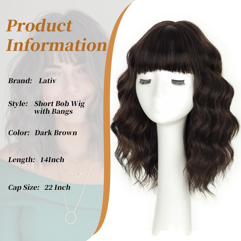 Lativ Dark Brown Wig with Bangs Bob Wigs for Women Short Wavy Curly Shoulder Length Wig 14 Inches Synthetic Heat Resistant Hair for Daily Party Use - Image 3