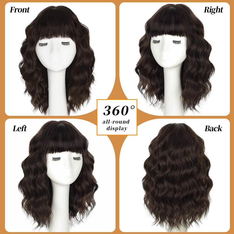 Lativ Dark Brown Wig with Bangs Bob Wigs for Women Short Wavy Curly Shoulder Length Wig 14 Inches Synthetic Heat Resistant Hair for Daily Party Use - Image 5