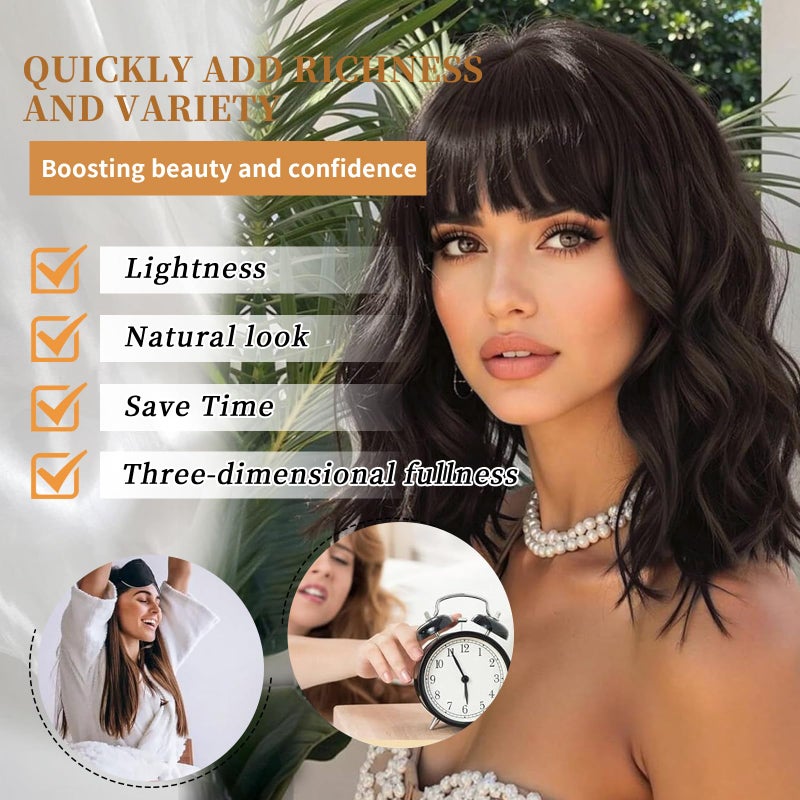 Lativ Dark Brown Wig with Bangs Bob Wigs for Women Short Wavy Curly Shoulder Length Wig 14 Inches Synthetic Heat Resistant Hair for Daily Party Use - Image 4