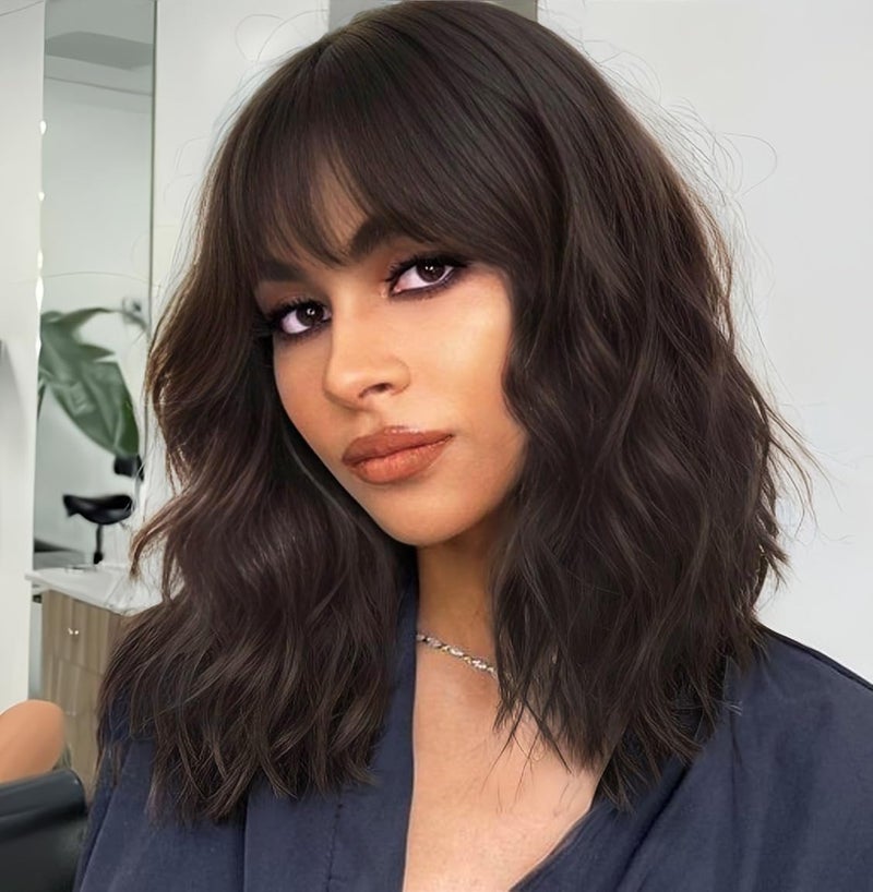Lativ Dark Brown Wig with Bangs Bob Wigs for Women Short Wavy Curly Shoulder Length Wig 14 Inches Synthetic Heat Resistant Hair for Daily Party Use - Image 1