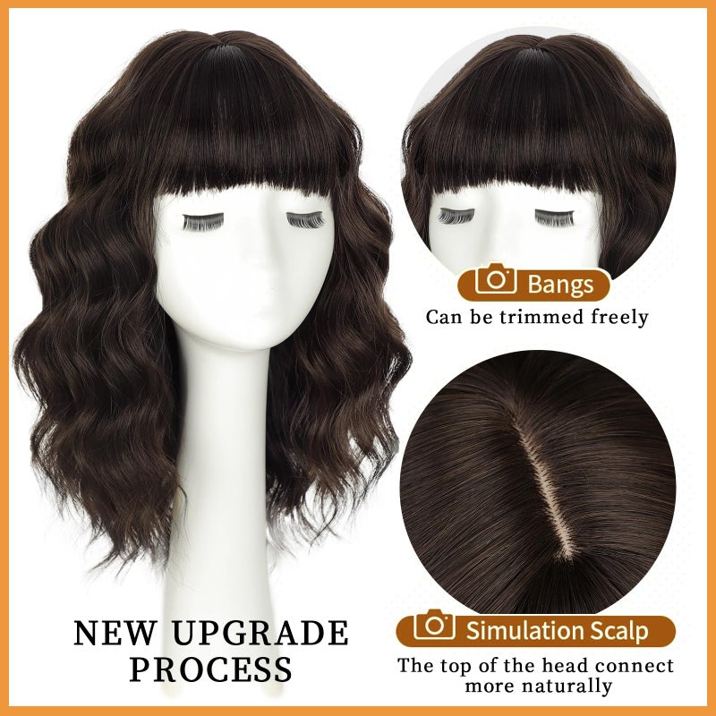 Lativ Dark Brown Wig with Bangs Bob Wigs for Women Short Wavy Curly Shoulder Length Wig 14 Inches Synthetic Heat Resistant Hair for Daily Party Use - Image 2