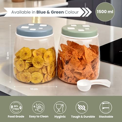 FLAIR Cubics Airtight Food Storage Containers Set of 3 (1500ml each) with Spoons - Green, BPA-Free, PET Plastic Jars, Durable, Space-Saving for Pantry, Snacks, Spices, Grains & More - Image 3