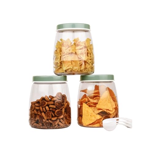 FLAIR Cubics Airtight Food Storage Containers Set of 3 (1500ml each) with Spoons - Green, BPA-Free, PET Plastic Jars, Durable, Space-Saving for Pantry, Snacks, Spices, Grains & More - Image 1