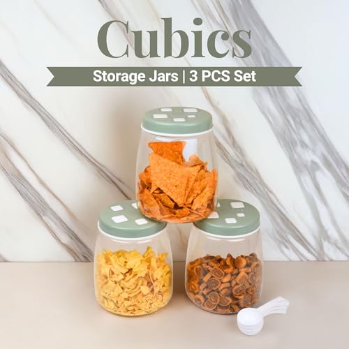 FLAIR Cubics Airtight Food Storage Containers Set of 3 (1500ml each) with Spoons - Green, BPA-Free, PET Plastic Jars, Durable, Space-Saving for Pantry, Snacks, Spices, Grains & More - Image 2