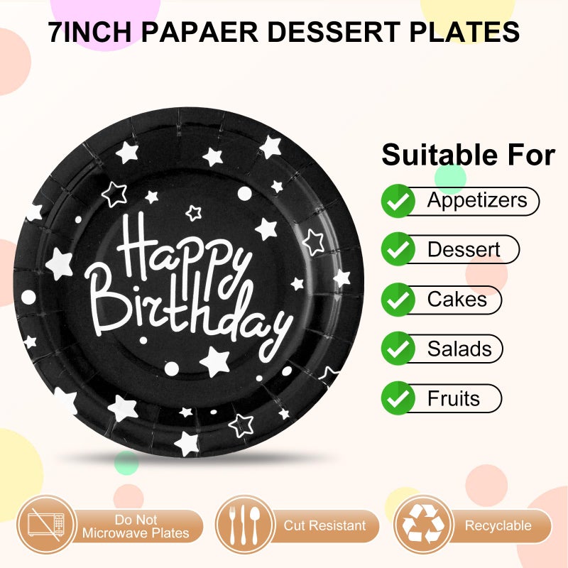 CENLBJ Happy Birthday Party Paper Plates Black Dessert Plates 7inch-50pcs Foil Polka Dots for Birthday Party Decorations - Image 1