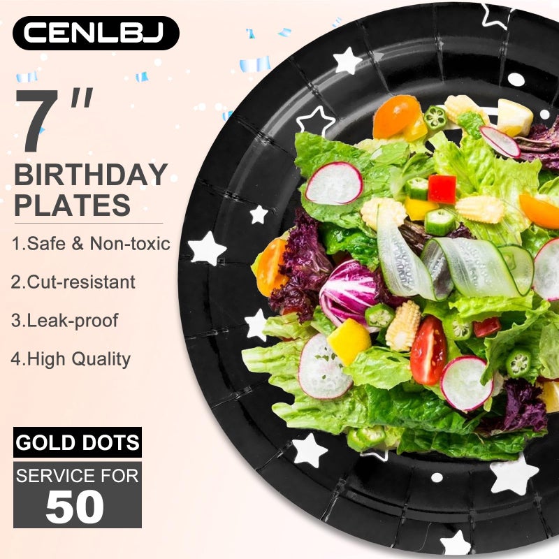 CENLBJ Happy Birthday Party Paper Plates Black Dessert Plates 7inch-50pcs Foil Polka Dots for Birthday Party Decorations - Image 2