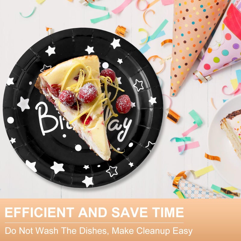 CENLBJ Happy Birthday Party Paper Plates Black Dessert Plates 7inch-50pcs Foil Polka Dots for Birthday Party Decorations - Image 3
