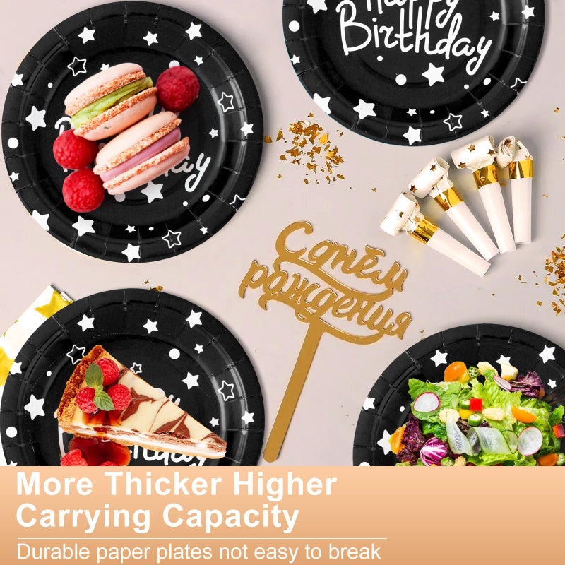 CENLBJ Happy Birthday Party Paper Plates Black Dessert Plates 7inch-50pcs Foil Polka Dots for Birthday Party Decorations - Image 4