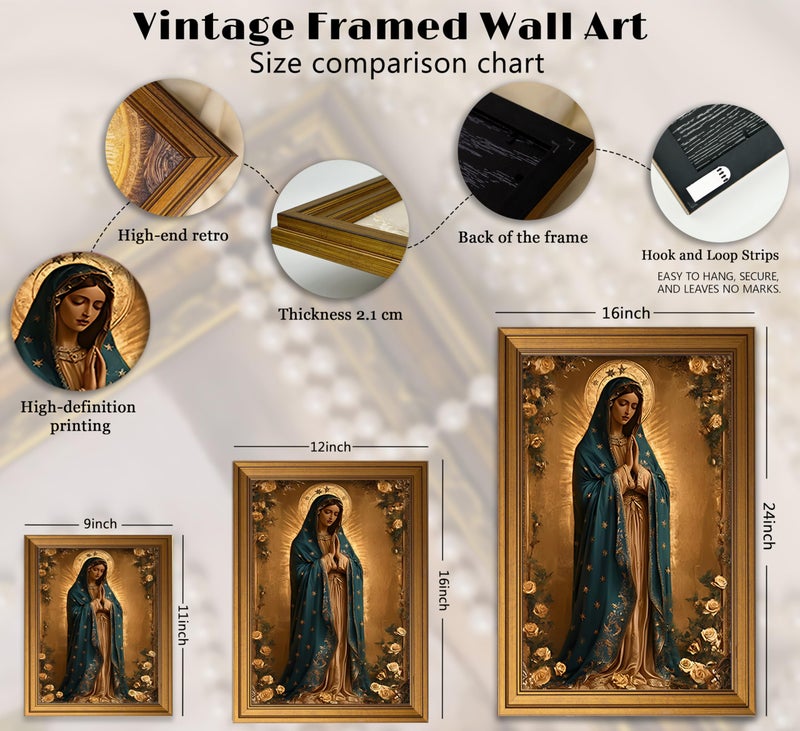 MALEDO Vintage Gold Framed Virgin Mary Wall Art Lady of Guadalupe Portrait Canvas Prints Blessed Mother Catholic Picture Religious Beliefs Painting Poster Artwork for Living Room Church Prayer Room - Image 4