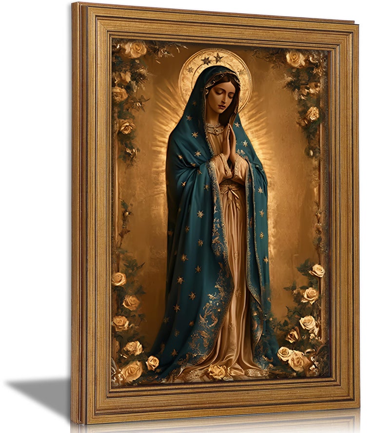 MALEDO Vintage Gold Framed Virgin Mary Wall Art Lady of Guadalupe Portrait Canvas Prints Blessed Mother Catholic Picture Religious Beliefs Painting Poster Artwork for Living Room Church Prayer Room - Image 1