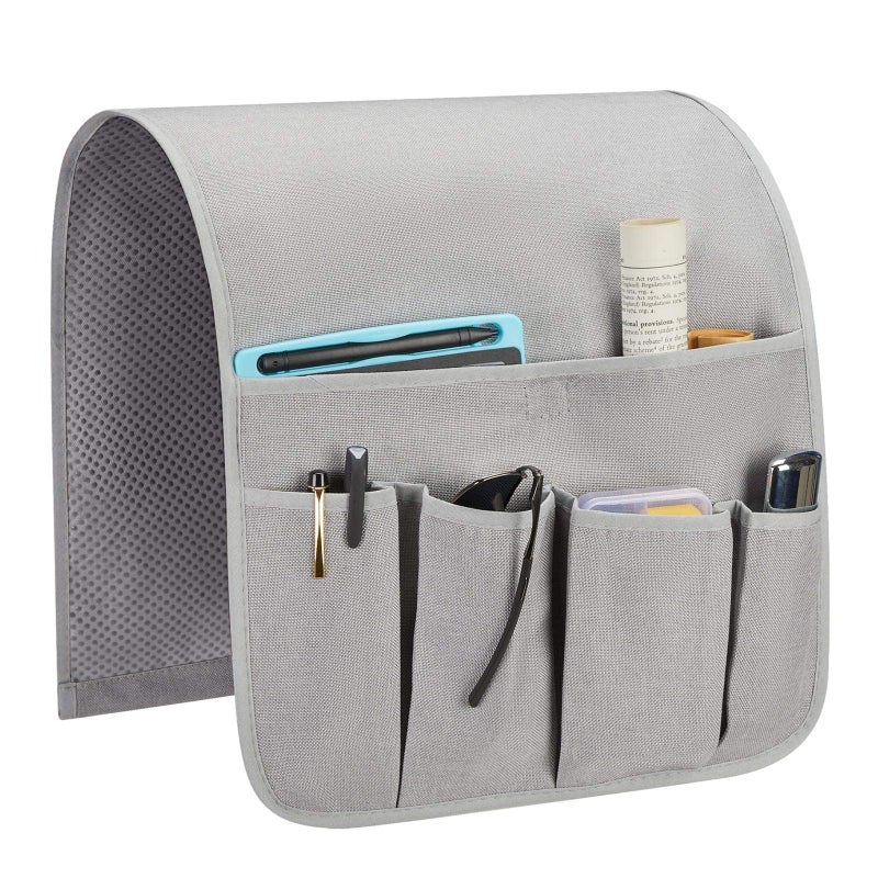 SYSOV Sofa Armrest Organizer Remote Control Holder for Recliner Couch Arm Chair Caddy with 6 Pockets for Magazine Tablet Phone iPad Silver Gray W13 x L33 