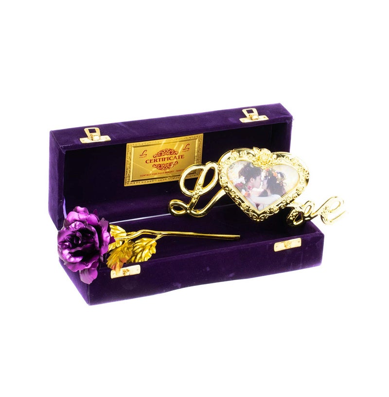 MSA JEWELS MSA Jewels 22K Purple Golden Rose with Heart Love Photo Frame Gift Box and Carry Bag Best Valentines Day Gift Birthday Gifts Gold Dipped Rose with Love Stand - Image 1