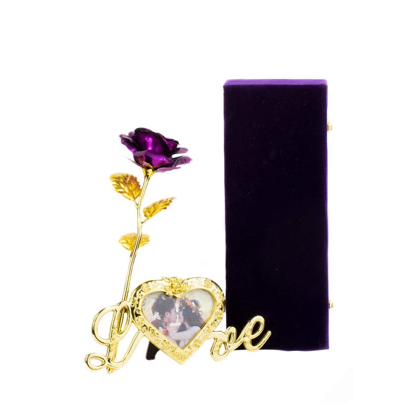 MSA JEWELS MSA Jewels 22K Purple Golden Rose with Heart Love Photo Frame Gift Box and Carry Bag Best Valentines Day Gift Birthday Gifts Gold Dipped Rose with Love Stand - Image 2