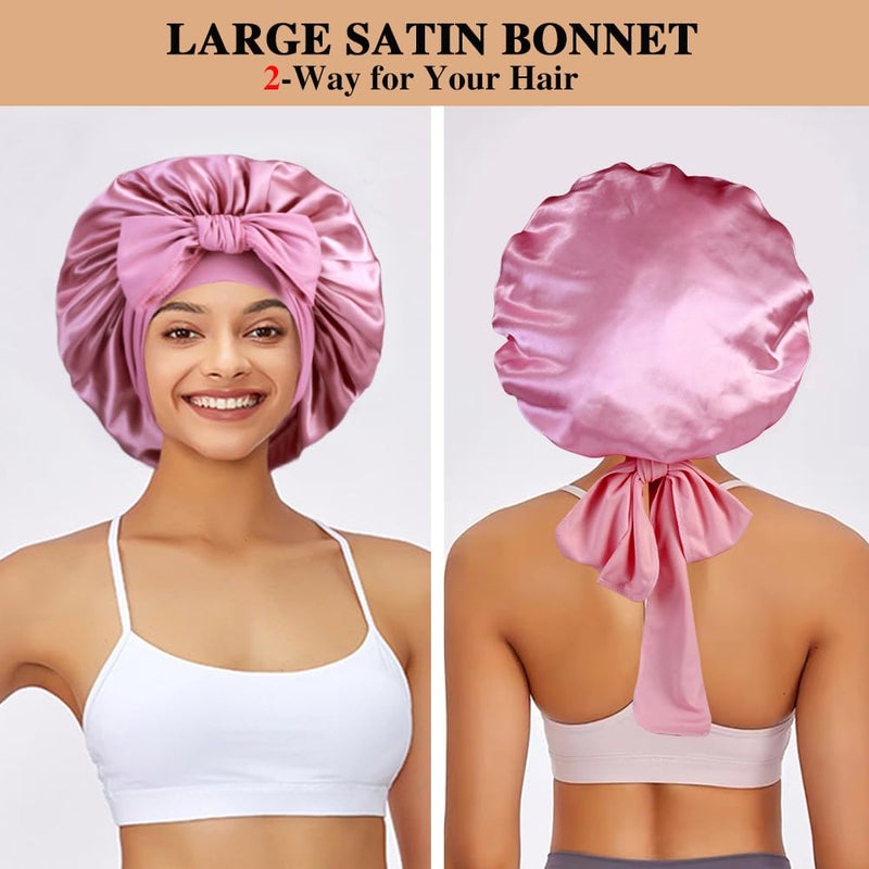 Heniho 2+3 Large Satin Bonnets with Scrunchies for Women, Hair Bonnet Sleeping Tie Bonnet for Braids Curly Hair, F - Image 3