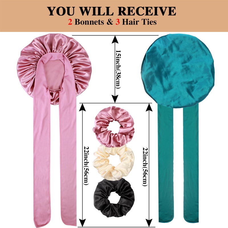 Heniho 2+3 Large Satin Bonnets with Scrunchies for Women, Hair Bonnet Sleeping Tie Bonnet for Braids Curly Hair, F - Image 2