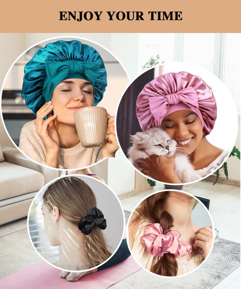 Heniho 2+3 Large Satin Bonnets with Scrunchies for Women, Hair Bonnet Sleeping Tie Bonnet for Braids Curly Hair, F - Image 5