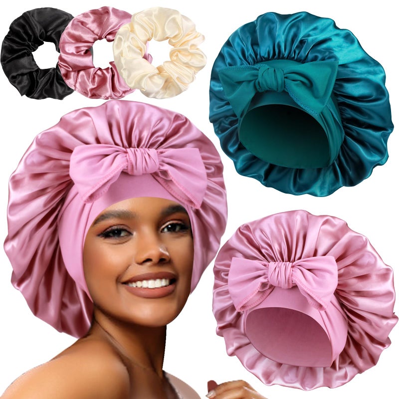 Heniho 2+3 Large Satin Bonnets with Scrunchies for Women, Hair Bonnet Sleeping Tie Bonnet for Braids Curly Hair, F - Image 1