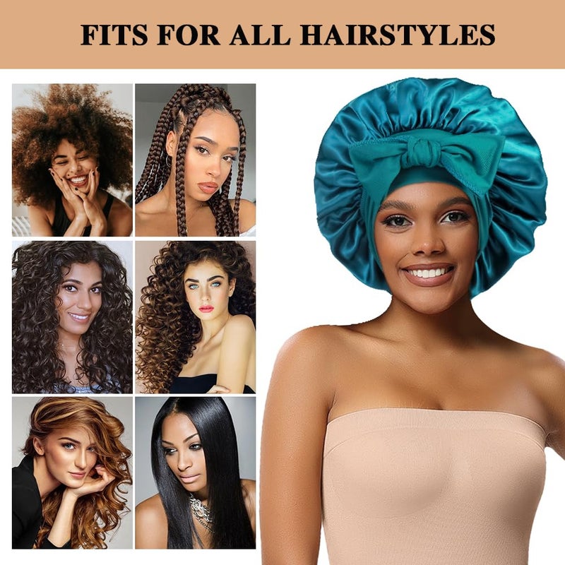Heniho 2+3 Large Satin Bonnets with Scrunchies for Women, Hair Bonnet Sleeping Tie Bonnet for Braids Curly Hair, F - Image 4