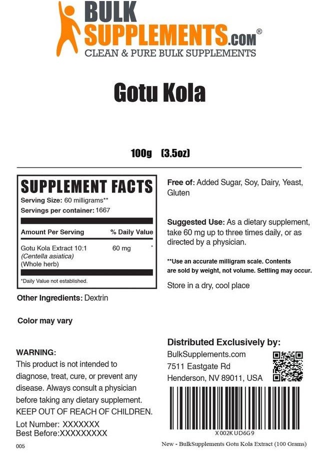 BULKSUPPLEMENTS.COM - Gotu Kola Extract Powder Herbal Supplement From Gotu Kola Herb 60Mg Of Centella Asiatica Extract Per Serving Gluten Free Gotu Kola Powder (100 Grams 3.5 Oz) - Image 1