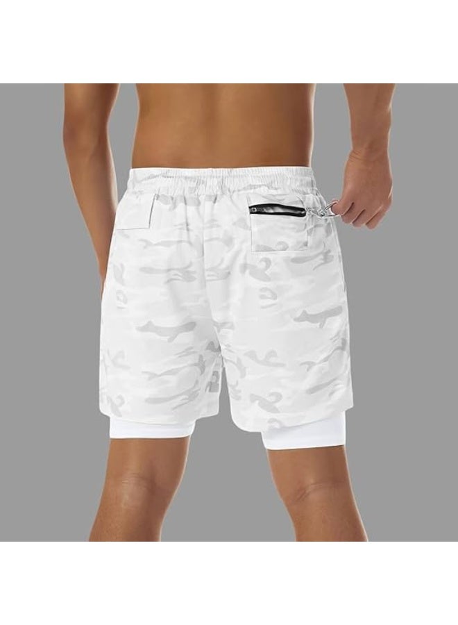 VITION Gym Shorts for Men, Men's Activewear Running Shorts,Drawstring Gym Shorts Men, 2 Layer Loose Athletic Shorts with 4 Pockets (X-Large, White Camouflage) - Image 3