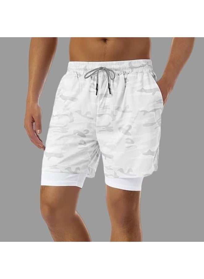 VITION Gym Shorts for Men, Men's Activewear Running Shorts,Drawstring Gym Shorts Men, 2 Layer Loose Athletic Shorts with 4 Pockets (X-Large, White Camouflage) - Image 4