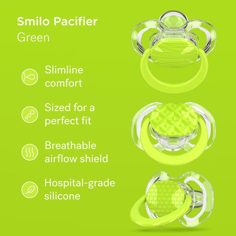 Smilo Baby Pacifier with Orthodontic Design for Healthy Dental Development - Stage 1 for Babies 0-3 Months - Pack of 3X 100% Silicone Newborn Pacifiers BPA Free - Green - Image 2