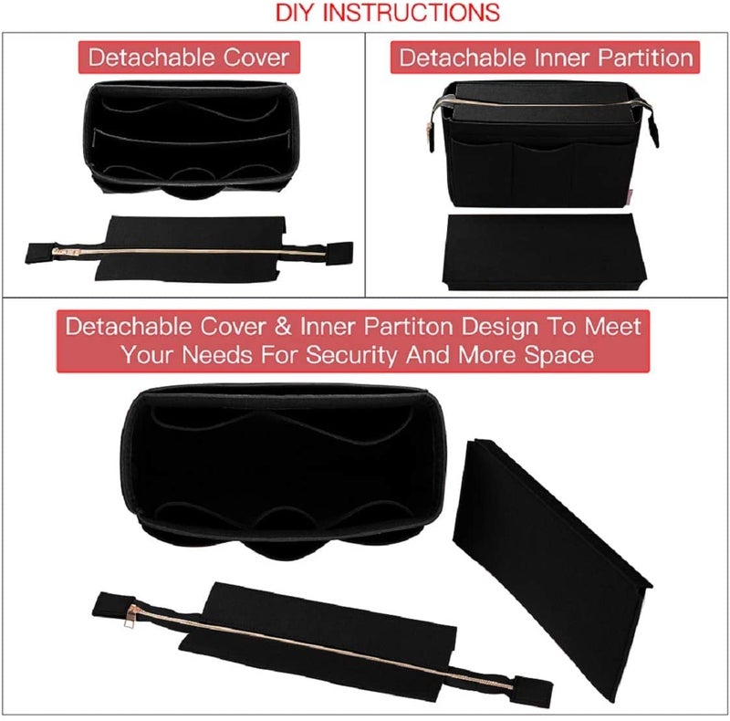 GREENSHEEP Women Felt Purse Organizer with Detachable Zipper Cover Storage Bag for Handbag, Tote Bag, Glasses, Keys- X-Large, Black - Image 2