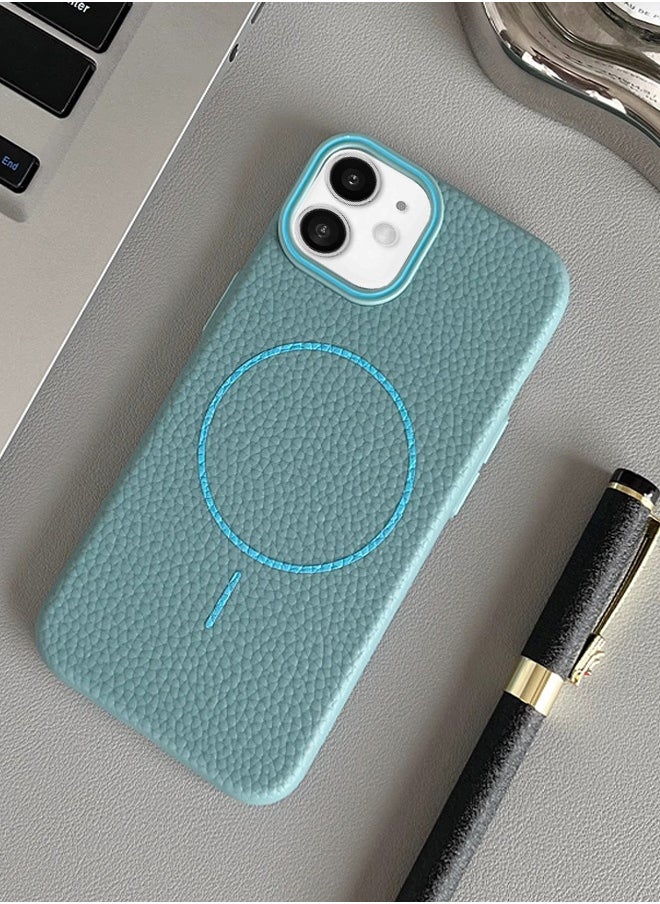 Magsafe Phone Case For iPhone 11 With High Quality Rubber Frame And Slim Lychee Pattern Leather Case with Camera Lens Protection Shockproof Cover And support wireless Charging Leather Cover for iPhone 11 - Baby Blue