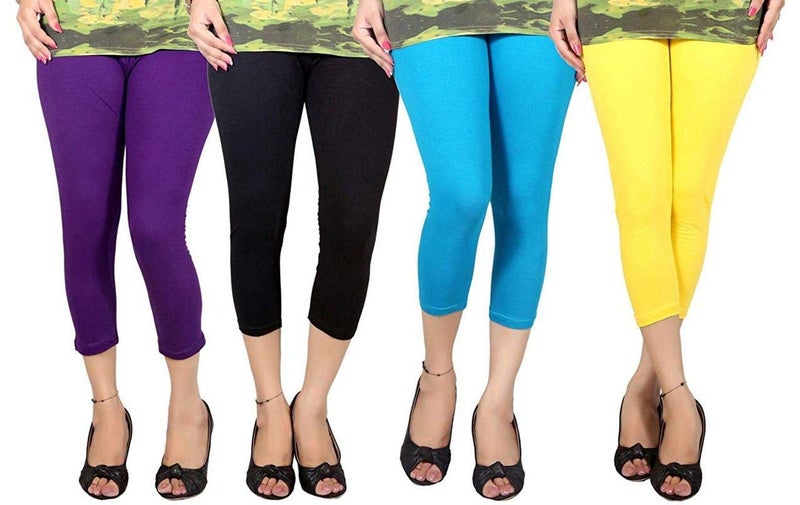 FEELBLUE Premium Cotton Strachable Women's Casual/Gym/Sports 3/4th Capri,Free Size, Pack of 4 Capri - Image 1
