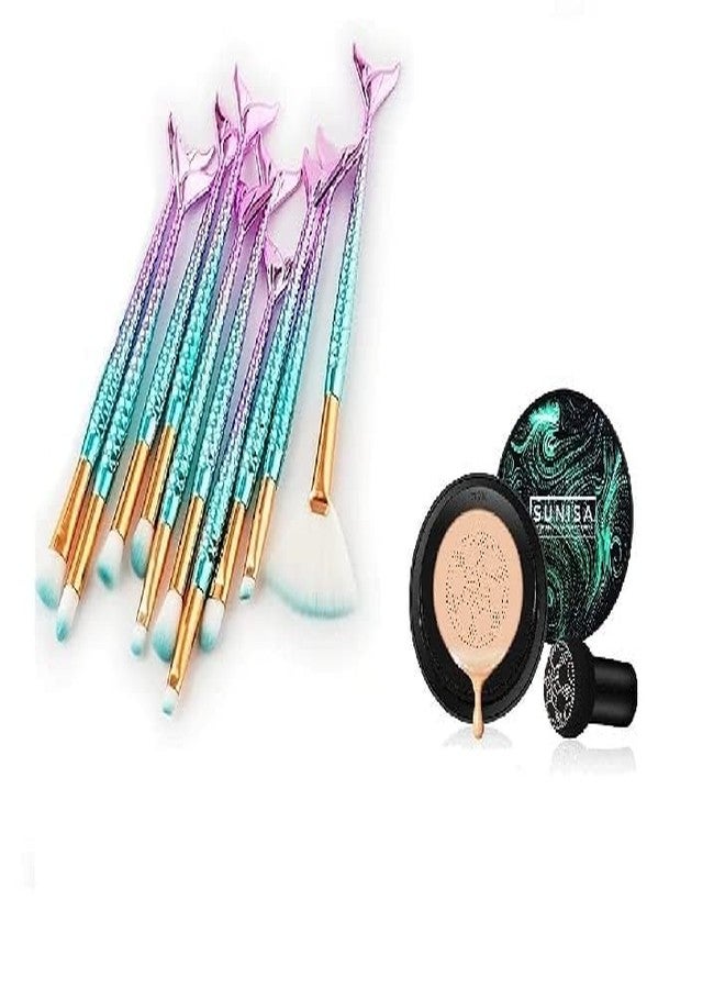 SUNISA BB and CC Cream Foundation With Mushroom Head Air Cushion 20g And Mermaid Makeup Brush Set of 10 - Image 2