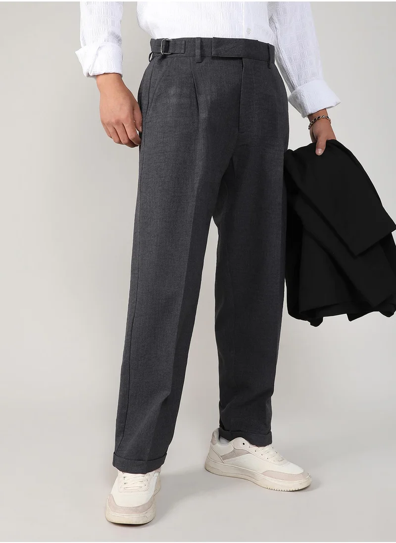 Campus Sutra Men's Charcoal Black Tailored Linen-Blend Trousers