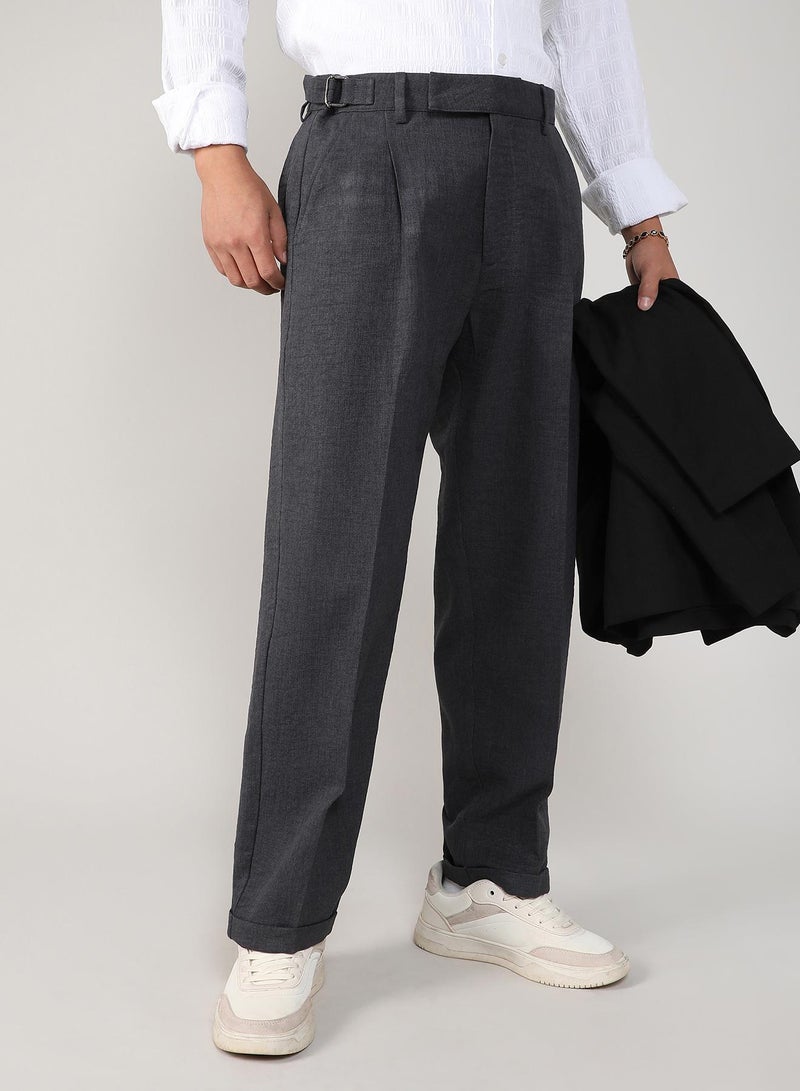 Campus Sutra Men's Charcoal Black Tailored Linen-Blend Trousers - Image 1