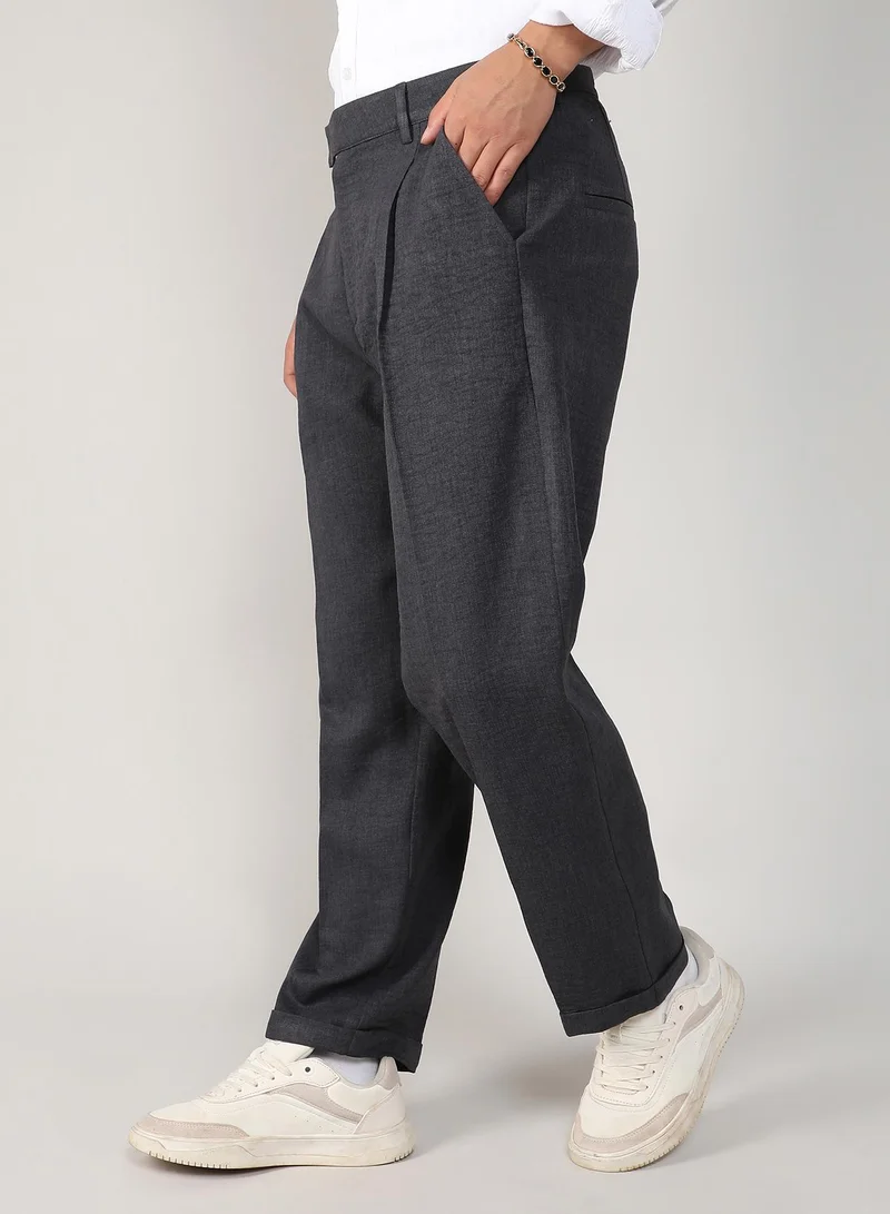 كامبوس سوترا Men's Charcoal Black Tailored Linen-Blend Trousers