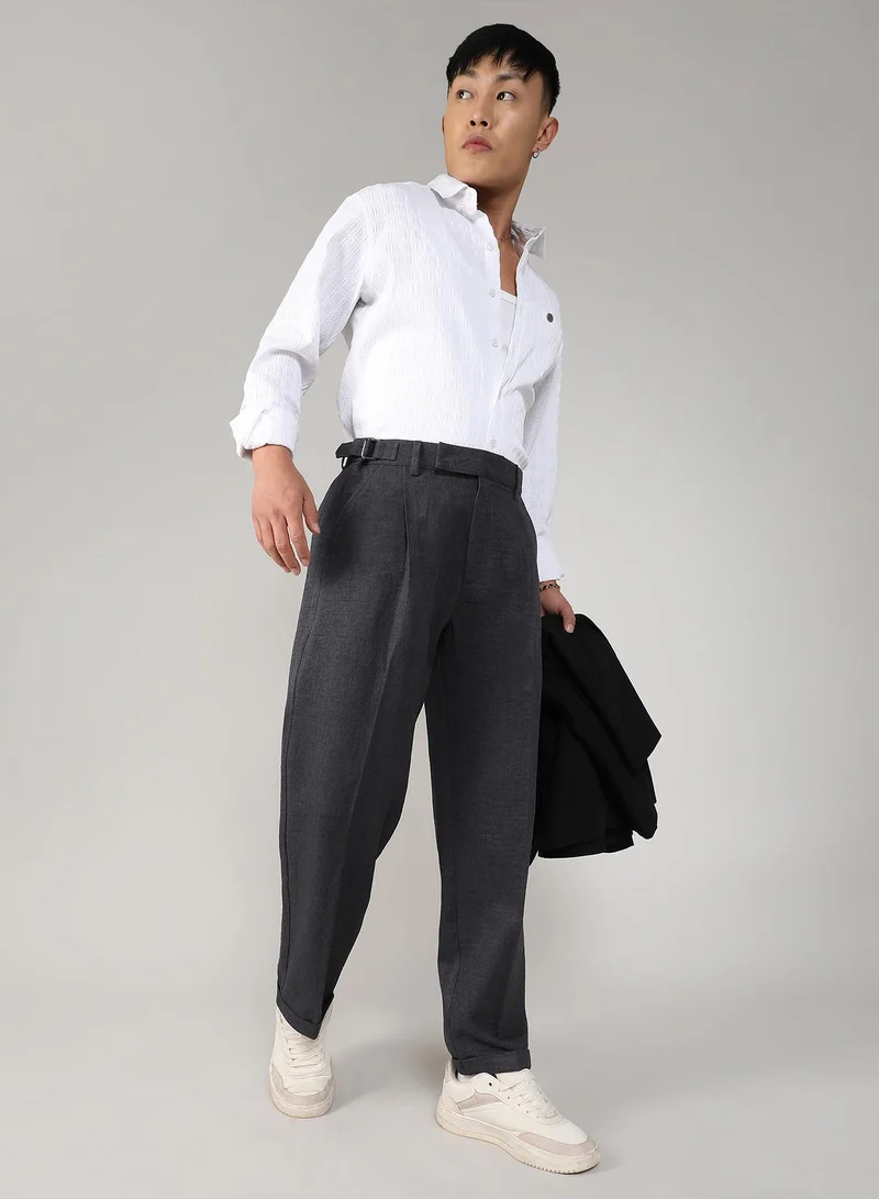 كامبوس سوترا Men's Charcoal Black Tailored Linen-Blend Trousers