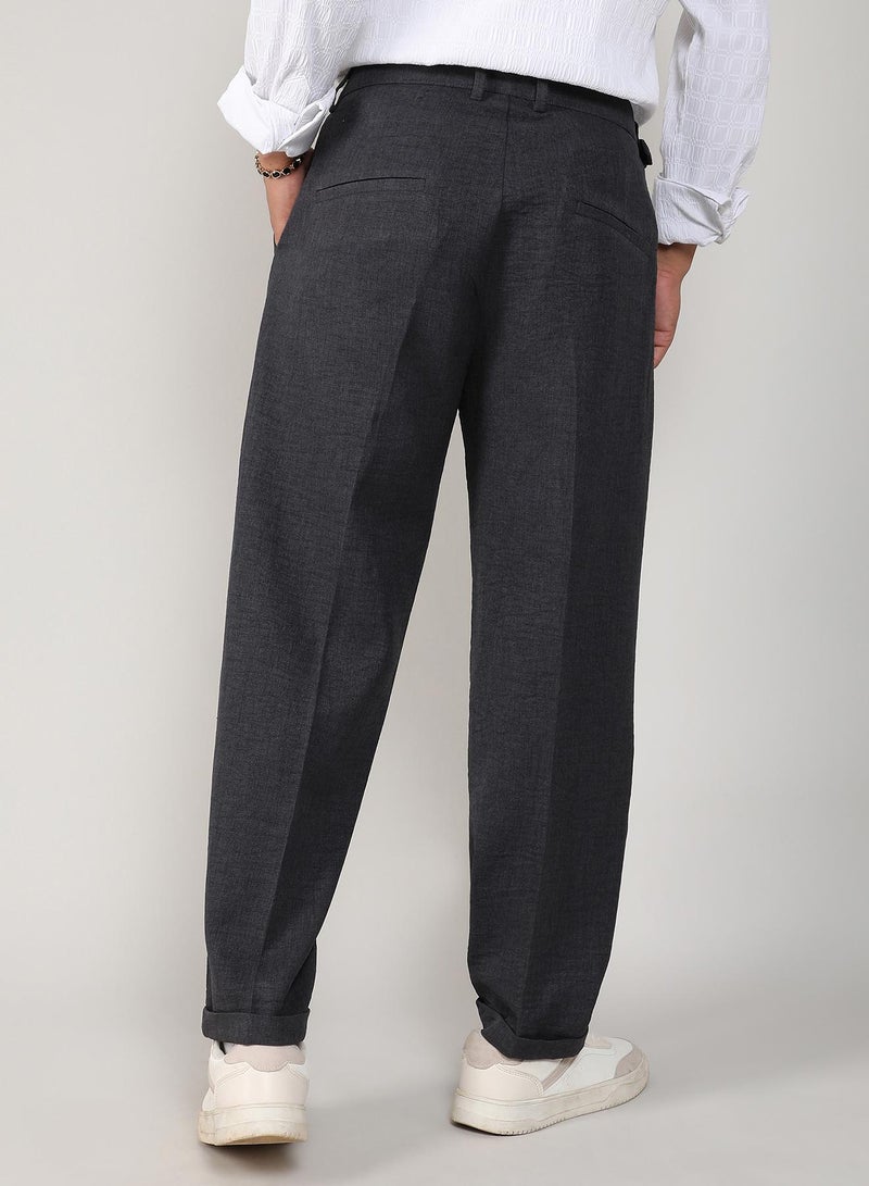 Campus Sutra Men's Charcoal Black Tailored Linen-Blend Trousers - Image 5