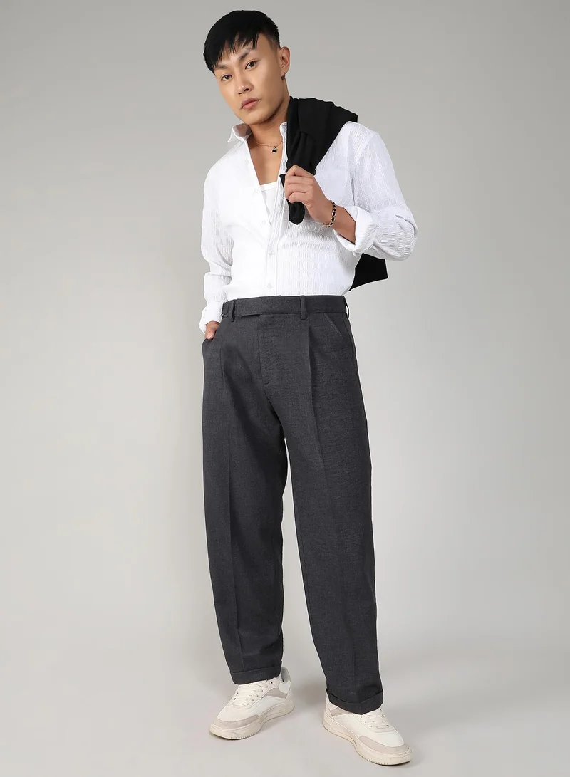 كامبوس سوترا Men's Charcoal Black Tailored Linen-Blend Trousers