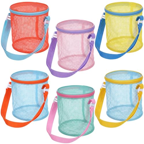 Sunnymove 6 Pcs Sea Shell Bags for Beach Mesh Seashell Holder Shelling Foldable Toy Storage Bag Collecting Bucket Bulk for Sandbox Beach Vacation Essentials Kids Sand Toy Box - Image 1